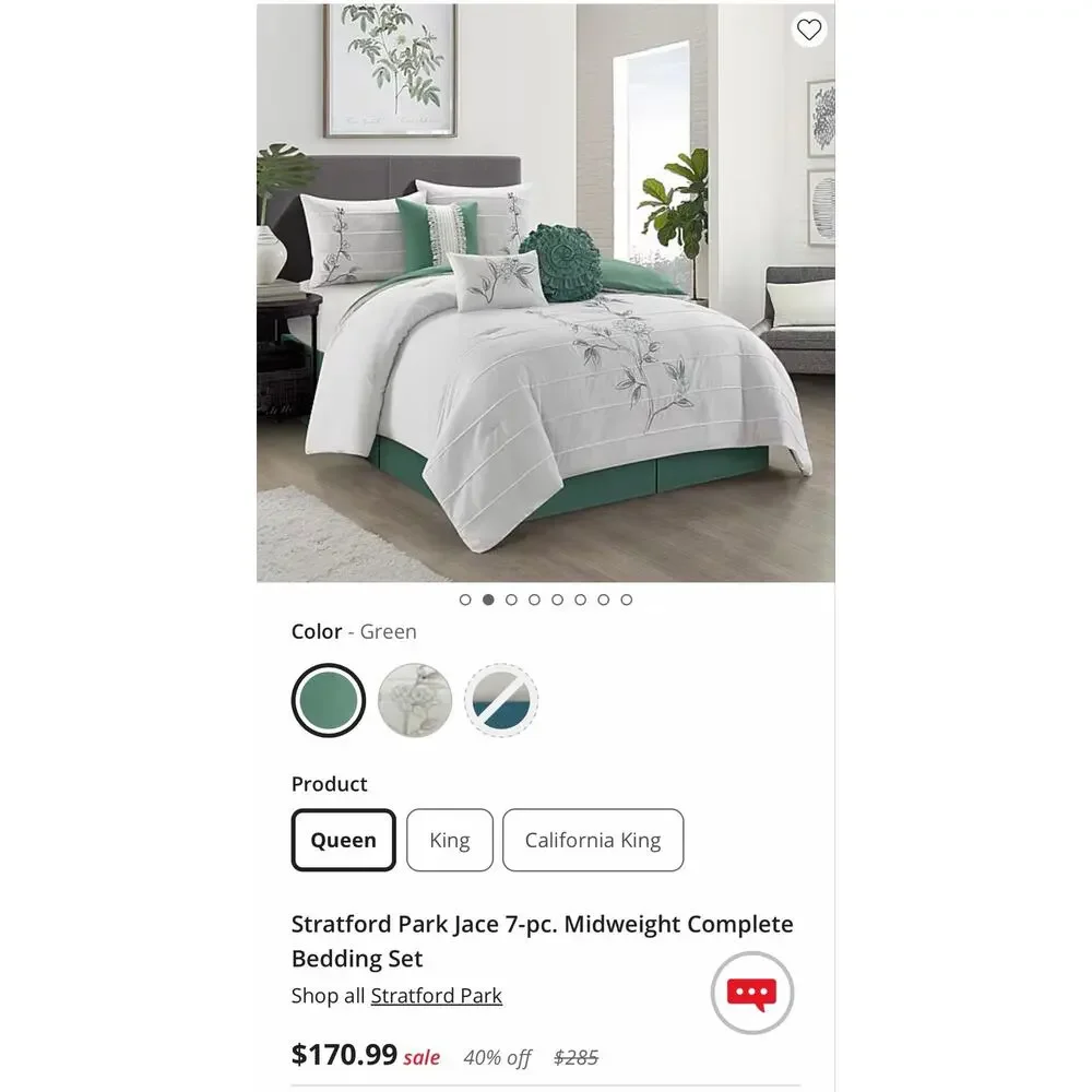 NEW! Nanshing - Raina 7PC Floral Midweight Bedding Comforter Set Queen Green